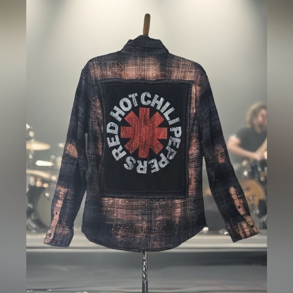 Upcycled RED HOT CHILI PEPPERS distressed Graphic Flannel Shirt